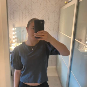 Mörkgrå topp med puffärmar från Zara - Säljer en mörkgrå topp från Zara med puffiga korta ärmar och rund halsringning. Toppen är croppad och har en stilren design som passar perfekt till många olika outfits.