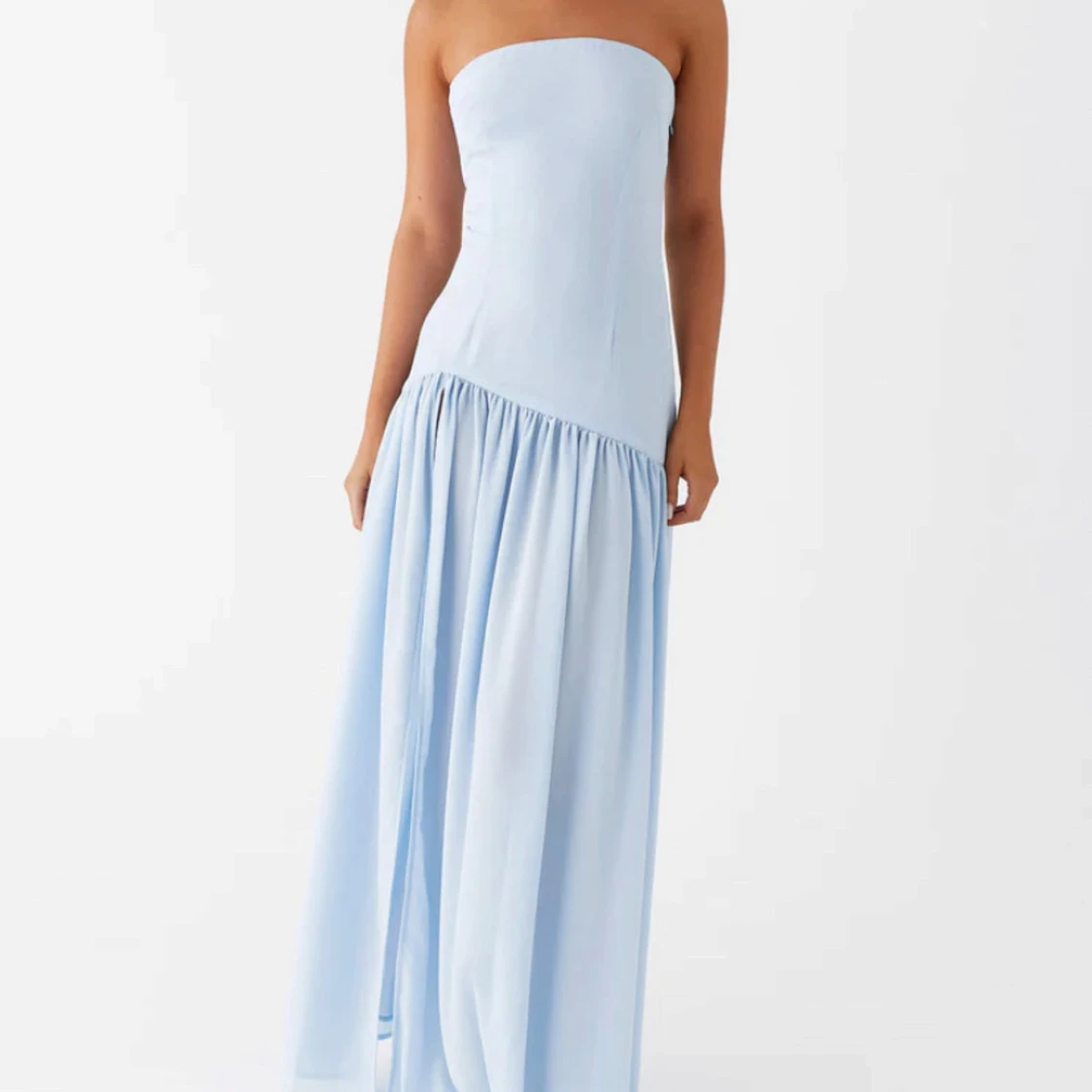 Ljusblå axelbandslös långklänning - 3