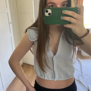 Blåvit randig blus från Zara - Säljer en söt blåvit randig blus från Zara med korta ärmar och volangdetalj vid axlarna. Blusen har knappar framtill och är croppad, perfekt för varma dagar. Superfin och lätt att matcha med jeans eller kjol!