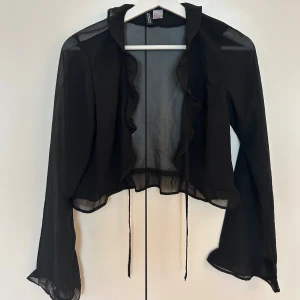 Svart transparent topp - Säljer en svart transparent topp, storlek 36. Toppen har långa ärmar, volangkant längs öppningen och knytband framtill. 