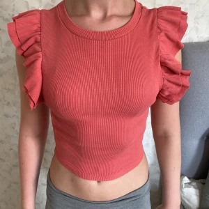 Rosa croppad topp med volang från Zara - Säljer en superfin croppad topp från Zara i en härlig rosa färg. Toppen har ribbad struktur och korta ärmar med stora volangdetaljer som ger en extra cool touch. Perfekt för dig som gillar att sticka ut med din stil!