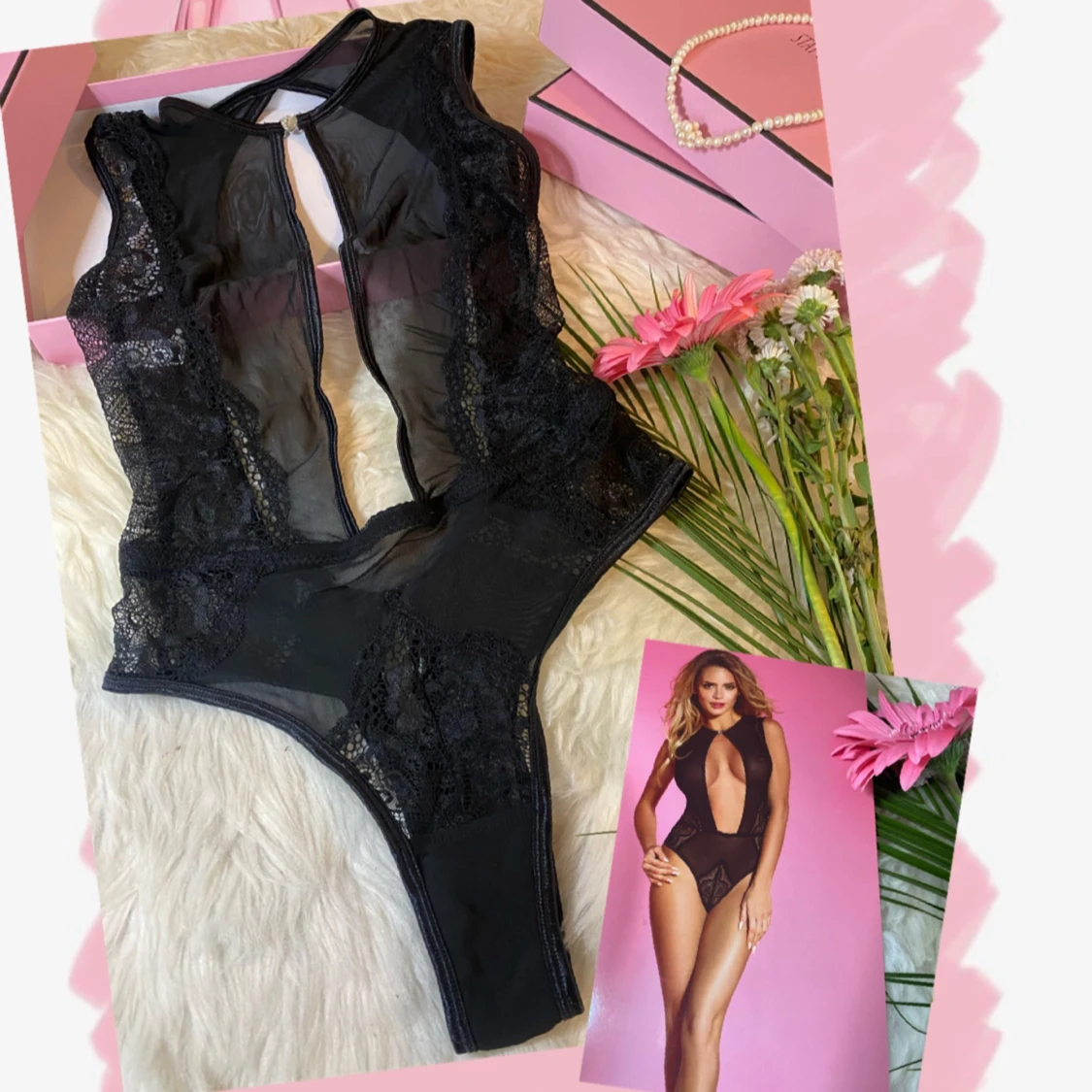 Svarte spetsbody med öppen front