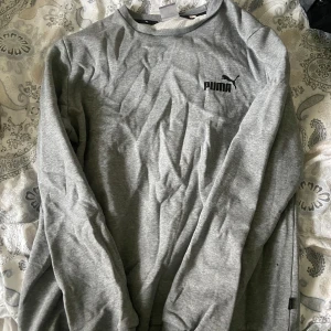 puma hoodie - Säljer en klassisk grå långärmad sweatshirt från Puma med svart logga på bröstet. Tröjan har rund halsringning och är tillverkad i mjukt material, perfekt för en avslappnad stil.