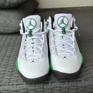 Air Jordan 6 Rings stl 42.5  - Säljer ett par fräscha (oanvända) Nike Air Jordans med vit ovandel, gröna detaljer och svart sula. Skorna har snörning, rund tå och är tillverkade i skinn. Perfekta för dig som vill sticka ut med en sportig och stilren look.