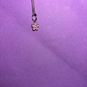 Sött halsband med lila blomma - Ett tunt silverfärgat halsband med ett litet hänge i form av en lila blomma med gul mitt. Perfekt för dig som gillar söta och lekfulla detaljer. Kedjan är enkel och smidig, och blomman ger en gullig touch till din stil.