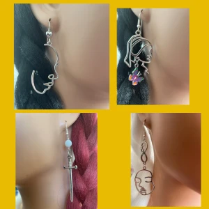 By prisförslag- 1 st valfritt örhänge välj mellan Fyra unika örhängen i silverfärg - Gäller 1 st. Välj mellan fyra olika coola örhängen i silverfärg: ett med abstrakt ansikte, ett med tjejprofil och fjäril, ett med svärd och pärldetalj samt ett med geometrisk design. Perfekta för dig som vill sticka ut med din stil!