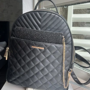 Svart quiltad ryggsäck från ALDO - Snygg svart ryggsäck från ALDO i quiltat skinnimitation med guldfärgade detaljer och kedja. Väskan har dragkedja, ytterfack och stilren design som passar perfekt till en trendig vardagslook.