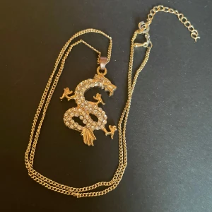 Guldhalsband med drakberlock - Snyggt guldhalsband med en glittrig berlock föreställande en traditionell kinesisk drake. Draken är täckt av små gnistrande stenar som ger ett lyxigt intryck. 