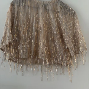 Glittrig topp med paljetter - Säljer en glittrig topp med paljetter i guld och silver. Toppen har korta ärmar och en lös passform. Perfekt för en festlig kväll! ✨