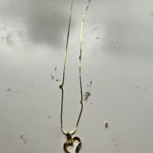 Guldigt halsband med hjärthänge - Snyggt halsband i guldton med ett öppet hjärthänge. Hänget har en elegant form och är dekorerat med små stenar i olika färger på ena sidan. Kedjan är tunn och glansig, vilket ger ett stilrent intryck. Perfekt för dig som gillar romantiska detaljer.