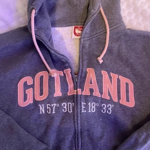 Grå zip-up hoodie💖 - Mysig grå hoodie med dragkedja och huva, rosa snören och stort tryck 'GOTLAND' i rosa och vitt framtill. Koordinater tryckta under texten och en patch på ena ärmen. Perfekt för dig som gillar avslappnad stil💖
