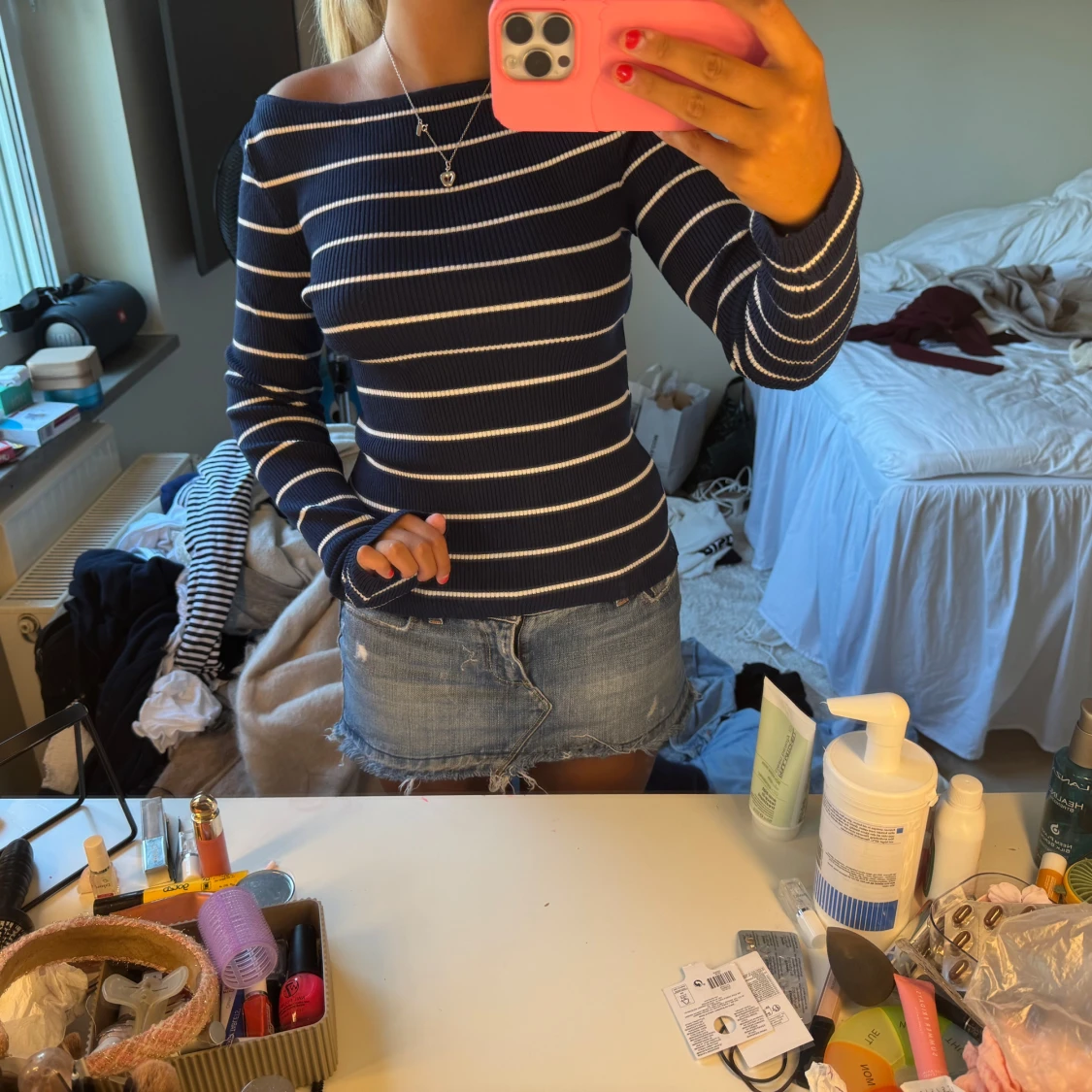 Marinblå randig ribbad tröja - 1