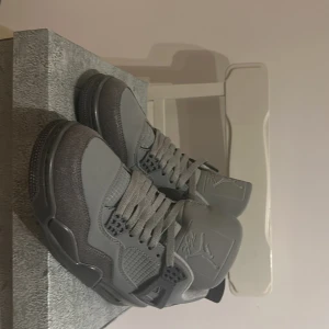 Gråa Nike Air Jordans sneakers - Säljer ett par gråa Nike Air Jordans sneakers med klassisk siluett och detaljerad design. Skorna har snörning, rund tå och platt sula. Perfekta för dig som gillar streetwear och vill ha en stilren look. Vet ej om du dom är riktiga eller inte