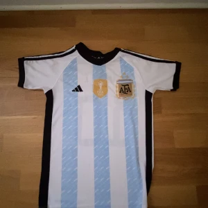 Argentina Messi fotbollströja - Säljer en klassisk Argentina fotbollströja från Adidas med ljusblå och vita ränder, svarta detaljer och AFA-emblem. Nummer 10 och Messi på ryggen. Perfekt för fotbollsfans!
