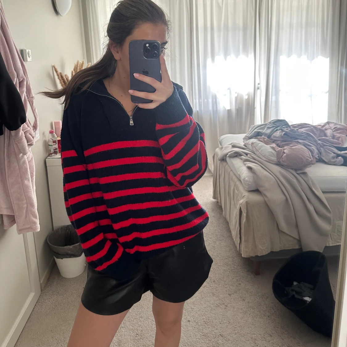 Randig stickad tröja med half zip - 1