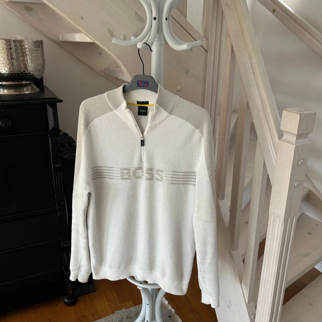 Vit stickad BOSS Zirros QZ half zip tröja  - 2