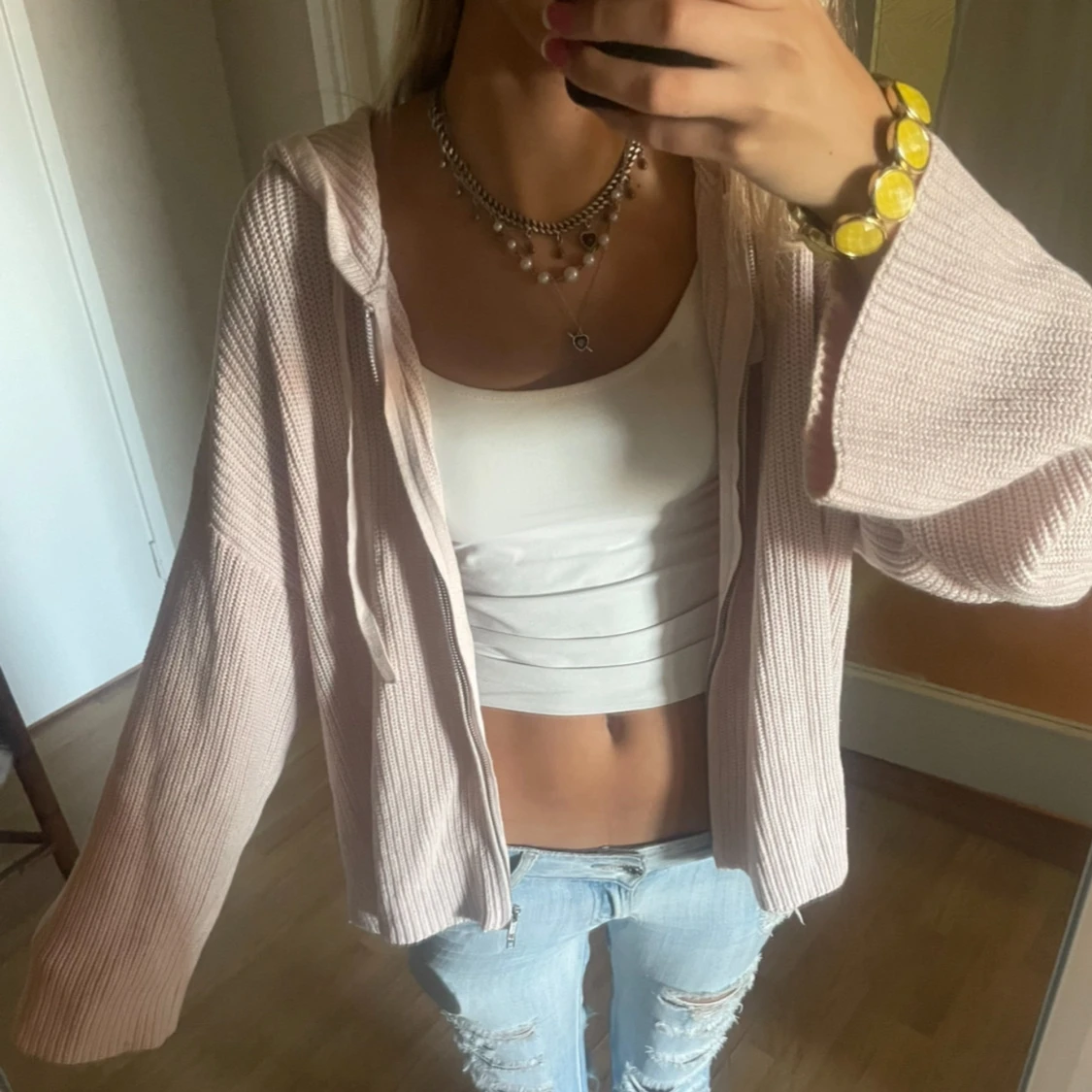 Ljusrosa stickad hoodie med dragkedja - 1