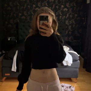 Svart croppad polotröja  - Svart croppad polotröja i ribbstickat material. Tröjan har långa ärmar och en hög krage som ger en snygg siluett. Perfekt till höst och vinter för en stilren look. Enkel att matcha med både jeans och kjol.