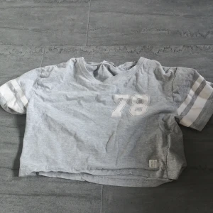Grå croppad t-shirt med nummertryck - Säljer en grå croppad t-shirt med trycket '78' på framsidan. T-shirten har korta ärmar med vita ränder och en liten etikett nertill som är sliten. Perfekt för en avslappnad stil!