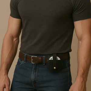 Svart snusdosa-fodral i skinn - Säljer ett stilrent svart fodral för snusdosa i präglat skinn med krokodilmönster. Fodralet har rund form, bältesögla och stängs med en rem och guldfärgad knapp. Perfekt accessoar för att hålla snusdosan nära till hands och ge en lyxig känsla. Ni kan göra egna beställningar på fler färger och mönster, bara skriv till mig! 