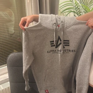Grå hoodie (PRISET KAN DISKUTERAS VID SNABB AFFÄR) - Säljer en grå hoodie från Alpha Industries med svart logga och text på bröstet. Tröjan har huva med snörning, ficka och ribbade muddar. Perfekt för chill dagar och streetstyle. Materialet är mjuk bomullsmix som känns skön mot huden. Helt i nyskick och knappt använd.