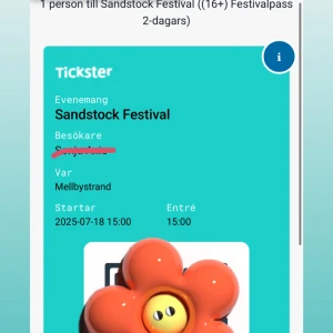Sandstock Festival - Festivalpass till Sandstock Festival på Mellbystrand, 2-dagars pass. Har både 18+ och 16+ jag måste bli av med då jag jobbar båda dagarna.