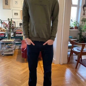 Grön hoodie från Björn Borg - Säljer en grön hoodie från Björn Borg med texten 'Stockholm' tryckt på framsidan. Tröjan har en klassisk känguruficka och justerbar huva med snören. Perfekt för en avslappnad stil.