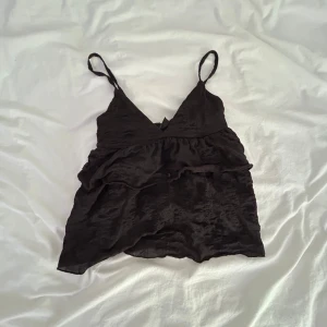 Svart volangig linnetopp Gina Tricot - Supersöt svart linnetopp från Gina Tricot med tunna axelband och v-ringning. Toppen har volangdetaljer och en lätt glansig yta som ger en extra touch. Perfekt att styla med jeans eller kjol för en trendig look.