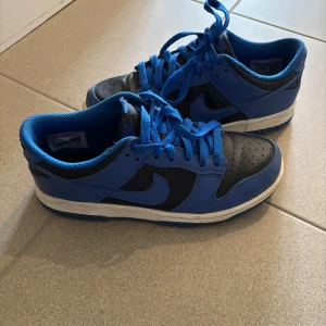 Nike Dunk Low  - Säljer ett par Nike Dunk Low sneakers i blått och svart skinn med matchande blå snören och sula. Klassisk siluett med rund tå och perforerad tåbox. Perfekta för dig som gillar streetstyle och vill sticka ut med färg på fötterna.