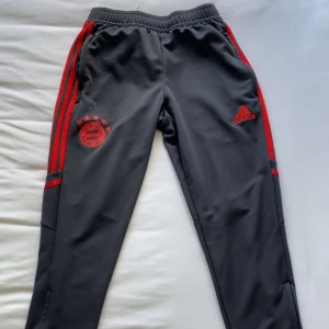 Adidas Bayern München träningsbyxor med röda detaljer - Mörkgrå träningsbyxor från Adidas med röda ränder längs sidorna och Bayern München-logga på ena benet. Byxorna har smal passform, resår i midjan och dragkedjor vid bensluten. Perfekta för fotbollsträning eller sportiga outfits.