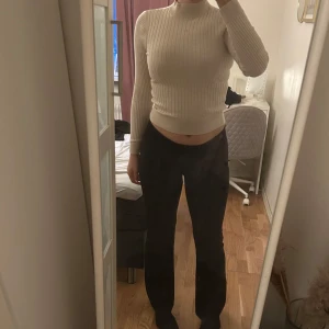 Begie ribbad polotröja - Säljer en stilren vit ribbad polotröja med lång ärm. Tröjan har en tight passform och är perfekt för kyligare dagar. Den höga kragen ger en klassisk look. 