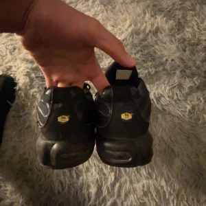 Tn Nike skor - Säljer ett par svarta Nike sneakers med TN-logga på hälen. Skorna har en robust sula och snörning framtill. Perfekta för bra look. På dom två sista bilderna ser ni att på de e jätte liten skada på den ena skorna som inte syns, och att en av skorna att Nike loggan är lite borta, nått man inte märker skorna, är 8/10 annars, köpt för 2499kr 
