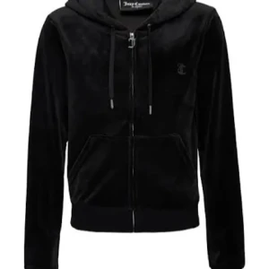 Svart velourjacka från Juicy Couture - Snygg svart velourjacka från Juicy Couture med dragkedja och huva. Jackan har långa ärmar och en broderad logga på bröstet. Perfekt för en avslappnad stil.