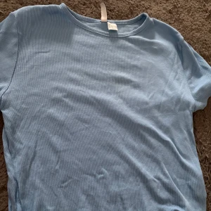 Ljusblå ribbad t-shirt från H&M Divided - Säljer en ljusblå ribbad t-shirt från H&M Divided. Den har en enkel och stilren design med korta ärmar och rund halsringning. Perfekt för en avslappnad look.