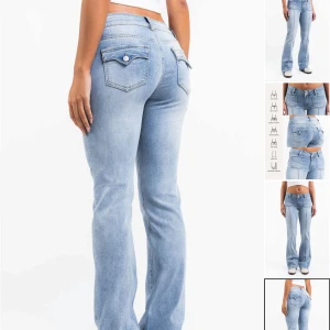 Lågmidjade bootcut jeans - Snygga ljusblå och långa bootcut jeans med låg midja. De har unika framfickor och bakfickor med knappdetaljer. Lagom stretchiga för att passa upp till stl36. Originalpris: 699kr. Pris går att diskutera💞