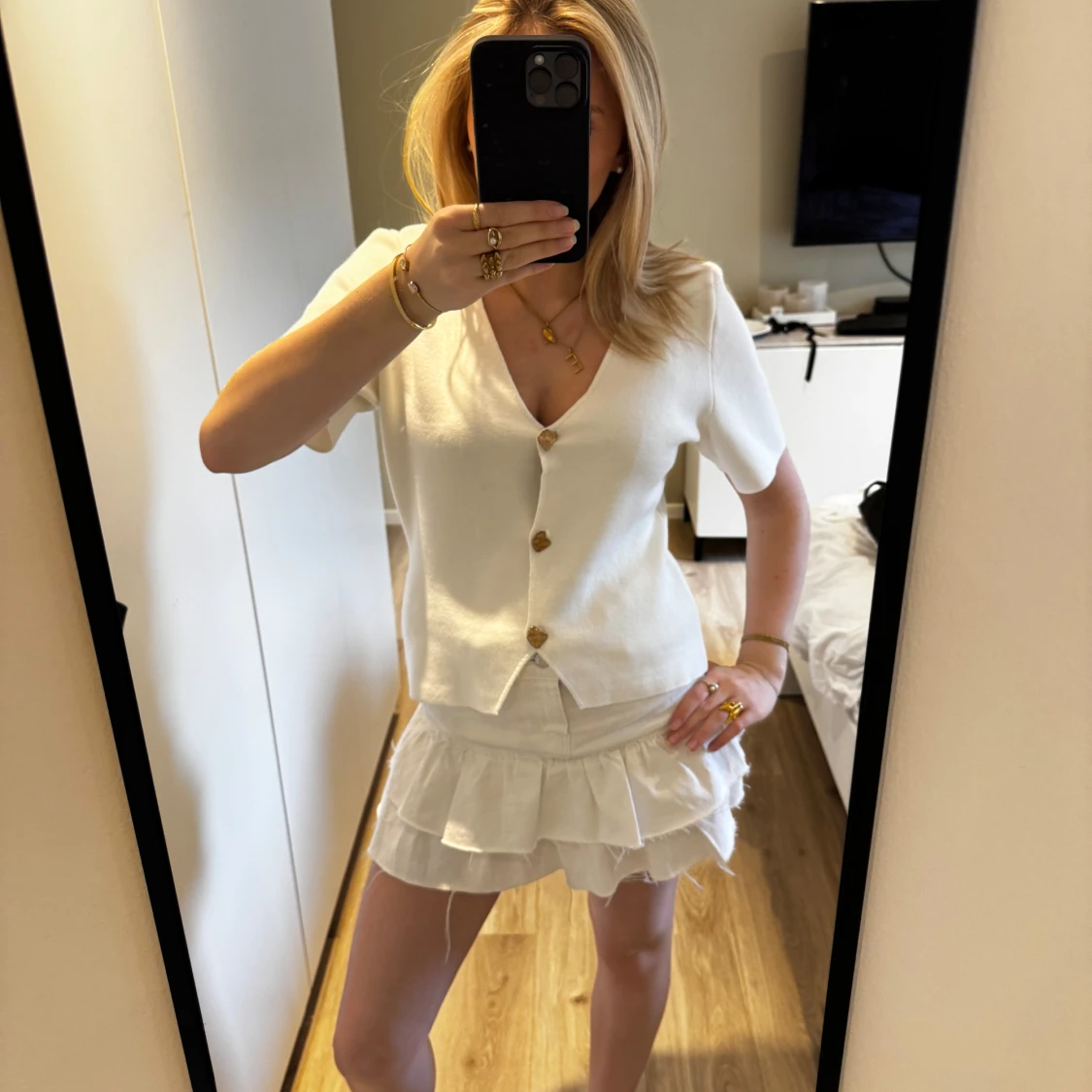 Vit stickad kortärmad topp