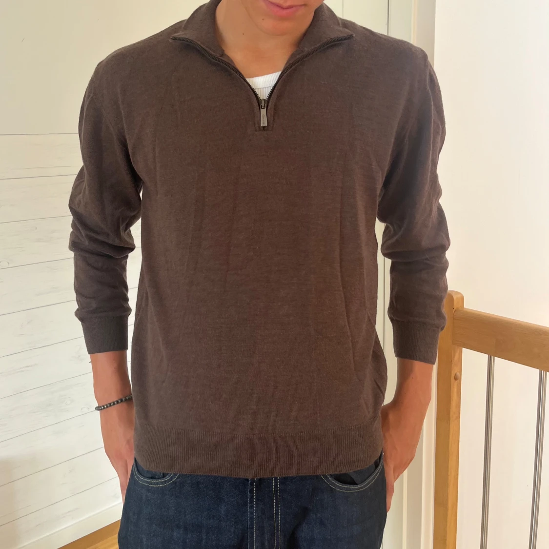 Brun Merinoull half-zip tröja från Sand Copenhagen