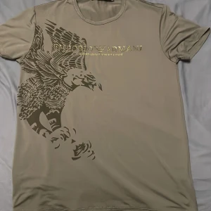 Grå t-shirt från Emporio Armani med örnmotiv - Snygg grå t-shirt från Emporio Armani med stort örnmotiv och guldfärgad logga på bröstet. Klassisk rund halsringning och korta ärmar. Perfekt för dig som vill ha en stilren men ändå iögonfallande look. Pris kan diskuteras !!