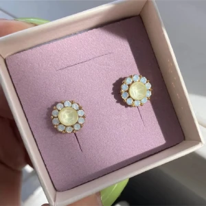 Örhängen från Lily and Rose - Säljer ett par runda örhängen med guldfärgad bas och ljusgul mitt från Lilly and rose. Aldrig använda.