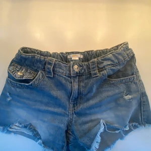 Blå jeansshorts - Säljer ett par blå jeansshorts från Gina Tricot med fransiga benslut och klassiska fickor både fram och bak. Shortsen har bälteshällor och knappstängning framtill. 
