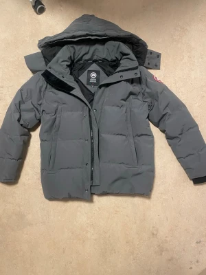 Grå pufferjacka från Canada Goose  - Säljer en grå pufferjacka från Canada Goose i storlek s. Jackan har huva, dragkedja och knappar framtill, samt två stora fickor. Perfekt för kalla dagar med sin tjocka och isolerande design. Märket syns tydligt på ärmen och insidan. pris kan diskuteras vid snabb affär 