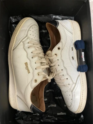 Vita sneakers från Blauer USA - Säljer ett par vita sneakers från Blauer USA med snygga detaljer i guld och marinblått. Skorna har snörning, perforerad tå och är tillverkade i skinn med beige sula. Medföljer extra marinblå skosnören. Perfekt för dig som gillar klassisk stil med en twist.