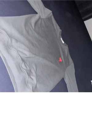 Grå sweatshirt från Ami Paris - Säljer en stilren grå sweatshirt från Ami Paris med röd broderad logga på bröstet. Tröjan har rund hals, långa ärmar och ribbade muddar vid ärmslut och midja. Perfekt för dig som gillar enkel men snygg design.