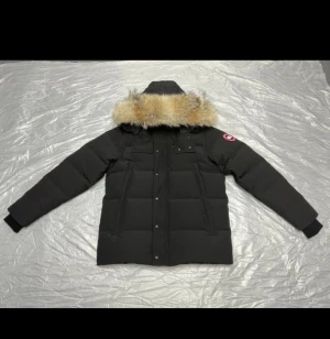 Svart Canada Goose dunjacka med päls - Svart dunjacka från Canada Goose med avtagbar päls på huvan och klassisk röd logga på ärmen. Jackan har långa ärmar, flera fickor med knappar och dragkedja framtill. Perfekt för kalla dagar och riktigt snygg streetstil. Priset går såklart att diskuteras, obs jackan är inte använd så mycket eftersom den är lite för stor på mig