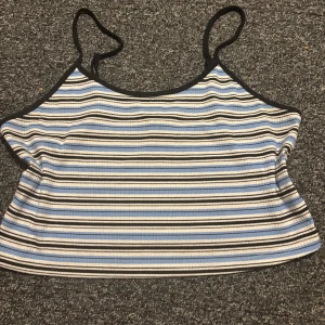 Randig ribbad linnetopp från Shein - Säljer en ribbad linnetopp från Shein Curve i storlek 1XL. Toppen har tunna svarta axelband och är randig i blått, vitt och svart. Materialet är mjukt och stretchigt, perfekt för varma dagar. Snygg att matcha med jeans eller shorts.