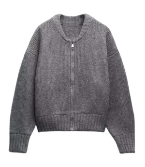 Grå stickad cardigan jacka med dragkedja - Superfin 