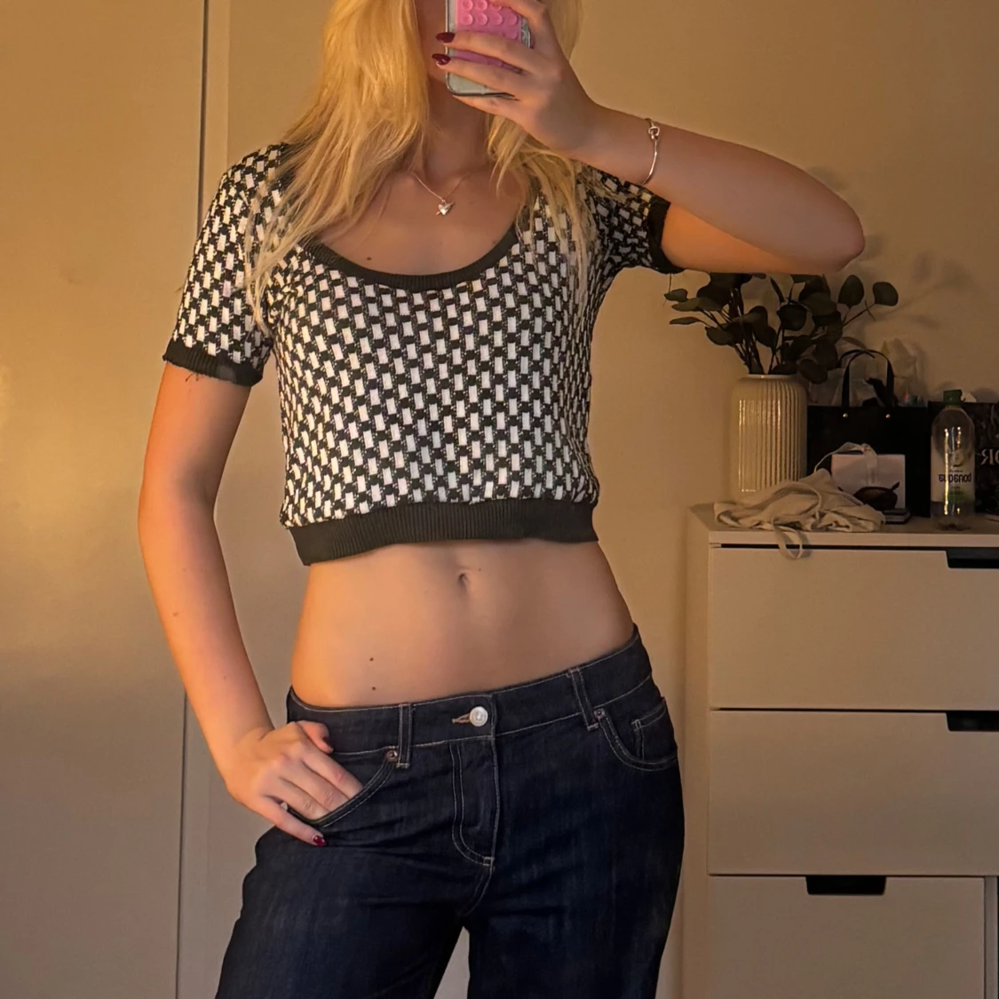 Grönvit rutig croppad topp - 1