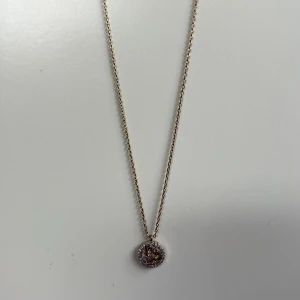 Guldigt halsband med glittrig berlock - Snyggt halsband i guld med ettt stjärntecken som heter stenbock som är täckt av små glittrande stenar. Perfekt för att ge din outfit lite extra bling. Kedjan är tunn och elegant, köpt för ca 60kr