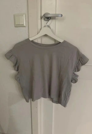 Grå topp med volang från Zara - Säljer en ljusgrå croppad topp från Zara med rund hals och korta ärmar med volangdetaljer. 