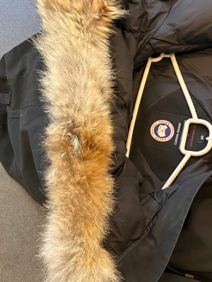 Svart dunjacka Canada Goose med päls - Svart dunjacka från Canada Goose med fluffig päls på huvan. Jackan har flera fickor, ribbade muddar och dragkedja framtill. Perfekt för kalla vinterdagar och har en klassisk, urban look. Märket syns tydligt på axeln och insidan.